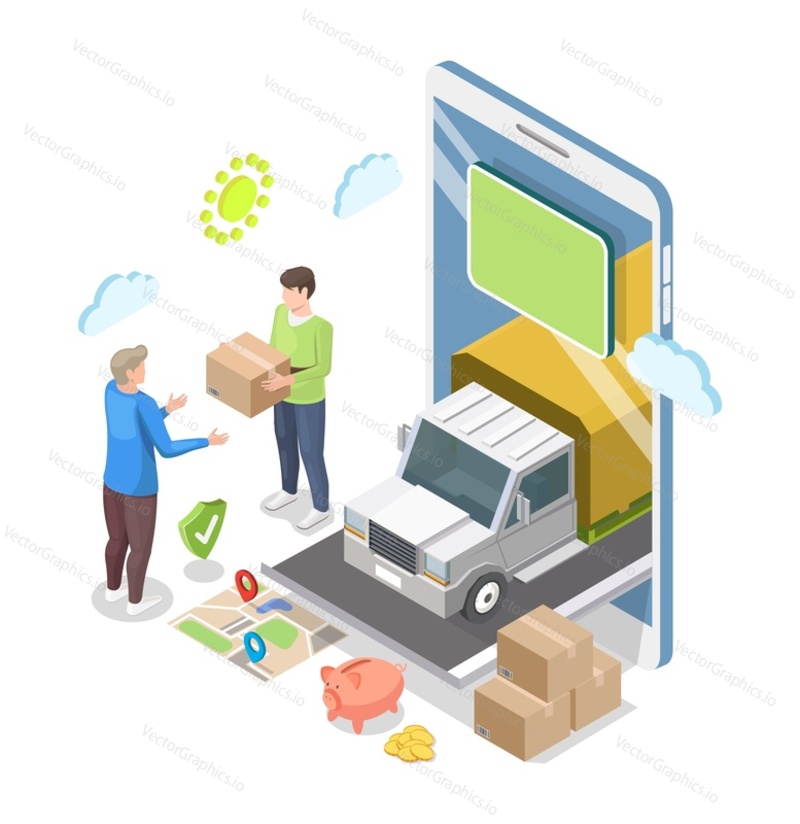 Isometric smartphone with delivery truck, courier giving parcel to male customer, flat vector illustration. Online express home delivery service, fast shipping. Package tracking mobile app.