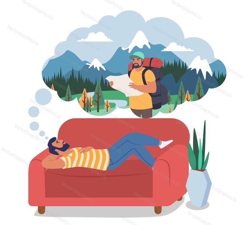 Man dreaming about travel, hiking,