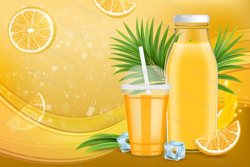 Orange juice ads. Realistic glass bottle, plastic cup with citrus juice, fresh fruit slices, ice cubes and liquid splash, vector illustration. Package design, promotion poster, banner template.