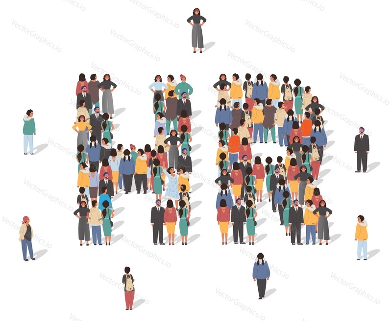Large group of people standing together forming HR capital letters, flat vector illustration. People crowd gathering. Hiring, employment, job search, recruitment, human resources, business concept.