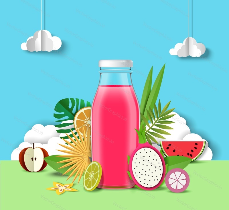 Multifruit juice advertising poster design template. Realistic juice glass bottle and paper cut fresh watermelon, tropical exotic fruits, vector illustration. Healthy multifruit beverage brand ads.