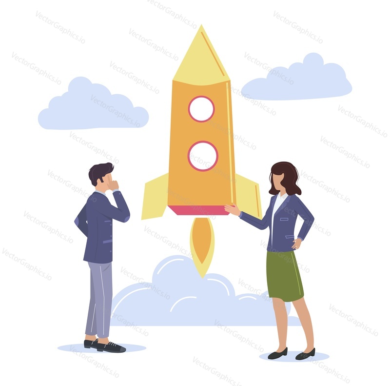 Business people looking at flying rocket, flat vector illustration. Space rocket launch, new business project startup concept.
