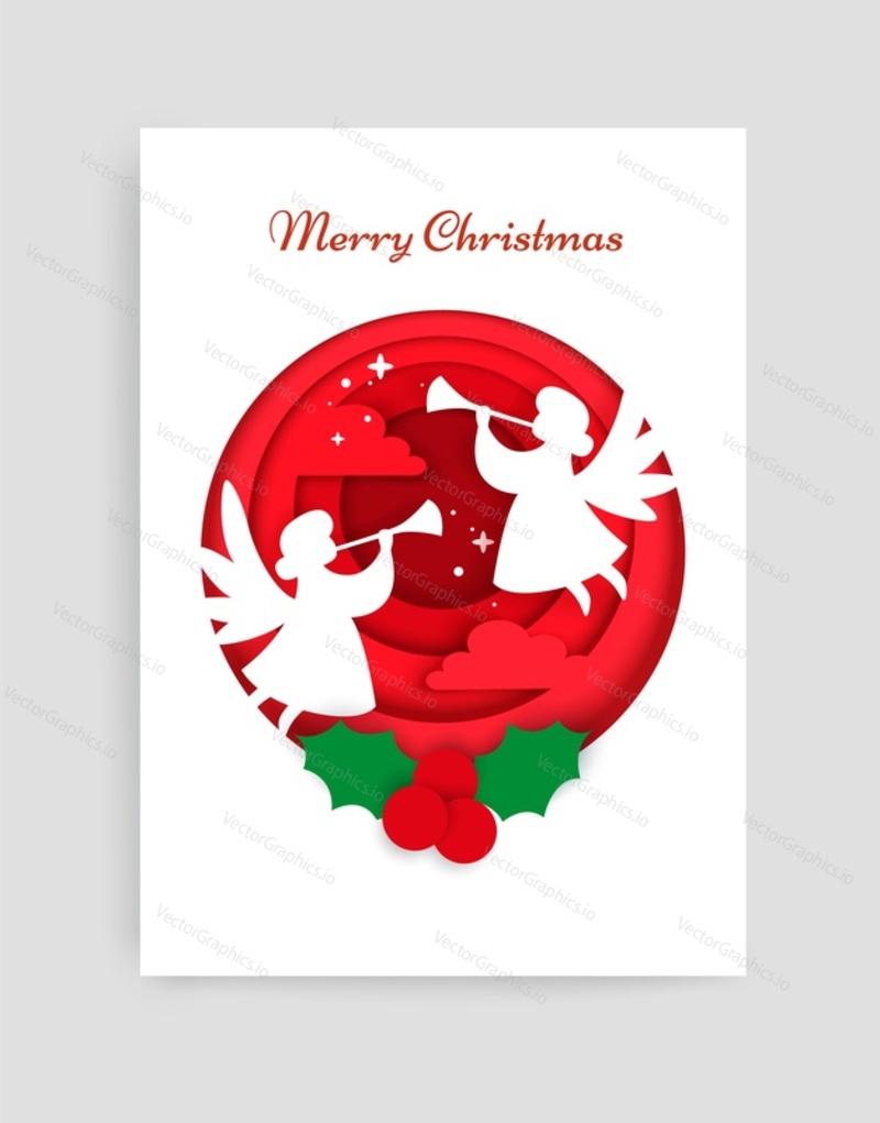 Merry Christmas card vector design template. Paper cut craft style winter composition of white angel silhouettes and holly berries in circle.