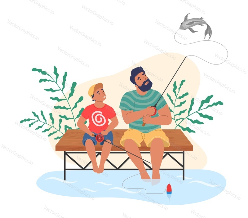 Happy father and son fishing together, flat vector illustration. Dad with kid spending time together. Parent and child relationship, happy fatherhood and parenting. Outdoor summer family activity.