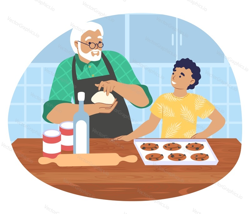 Happy grandfather cooking with grandson in kitchen, flat vector illustration. Grandpa and grandkid spending time together making cookies. Grandparent and grandchild relationships.