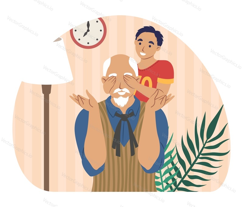 Happy grandfather playing with grandson at home, flat vector illustration. Grandpa and grandkid spending time together. Grandparent and grandchild relationships.