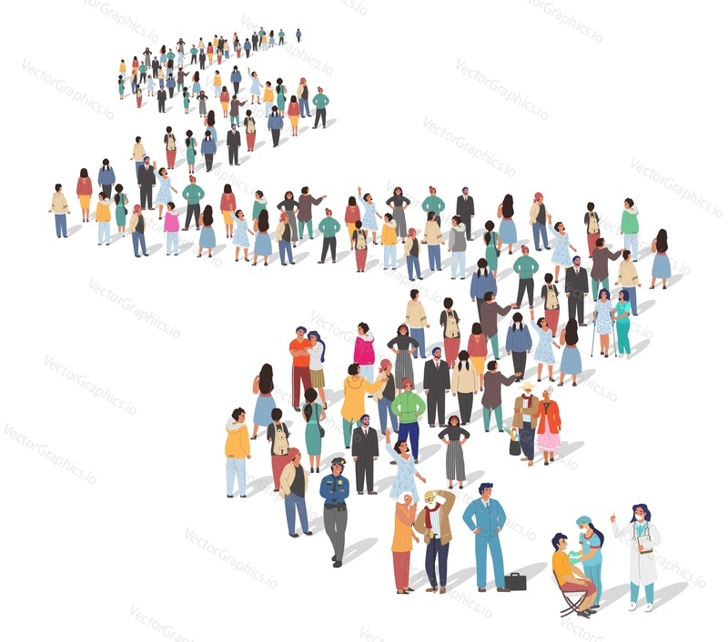 Group of people standing in line for Covid-19 vaccine injection, flat vector illustration. Coronavirus vaccination queue. Population immunity. Mass vaccination program.