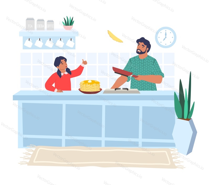 Happy father cooking pancakes with daughter in kitchen, flat vector illustration. Dad with kid spending time together preparing breakfast. Parent child relationship, happy fatherhood and parenting.