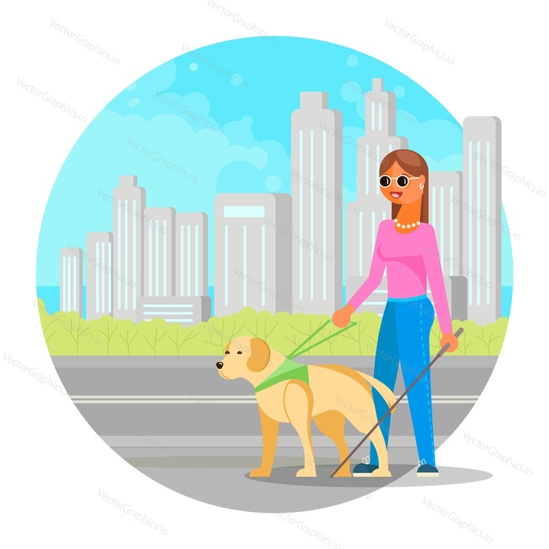 Blind woman walking down the street with cane and guide dog, flat vector illustration. Visually impaired girl wearing glasses with assistant dog, service animal. Disabled person lifestyle.