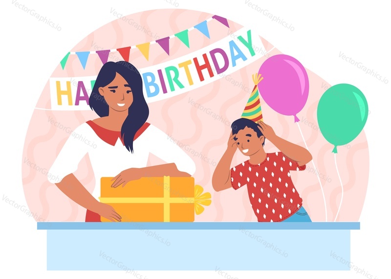 Happy mother giving birthday present to her son, flat vector illustration. Mom and kid spending time together celebrating birthday party. Parent child relationship, happy motherhood and parenting.
