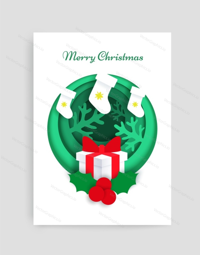 Merry Christmas card vector design template. Paper cut craft style winter composition of Christmas stockings, gift box and holly berries in circle.