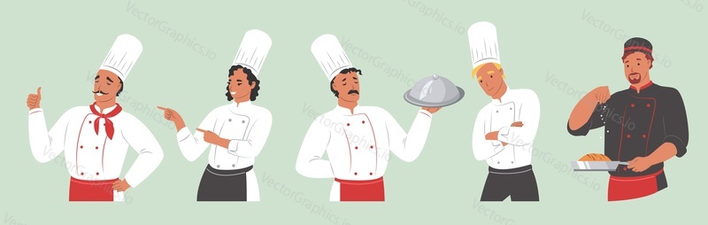Restaurant cook cartoon character set, flat vector isolated illustration. People in chef hat showing different hand gestures expressing feelings and emotions.