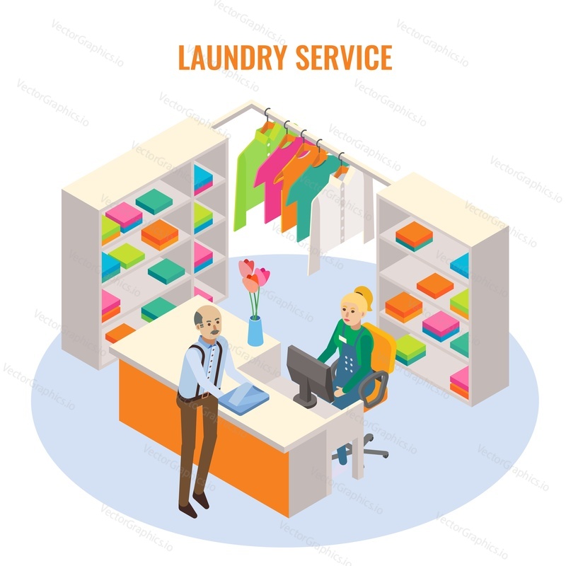 Cutaway laundry reception interior with receptionist and customer characters, flat vector isometric illustration. Laundry service.