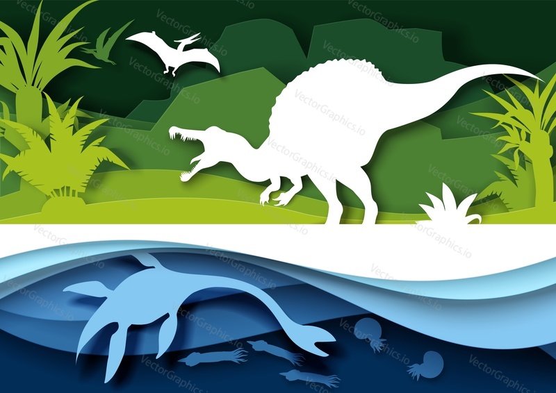 Paper cut dino silhouettes and nature landscape. Spinosaurus dinosaur, sea lizard, pteranodon flying reptile, vector illustration. Kids education. Archeology, history.