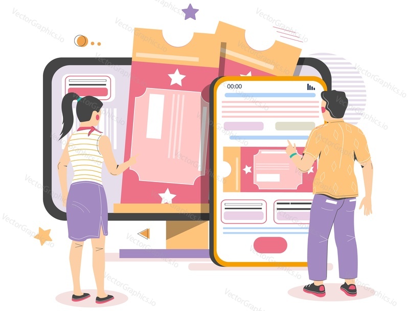 People buying cinema or theater tickets from mobile phone and computer, flat vector illustration. Online tickets reservation and purchase.