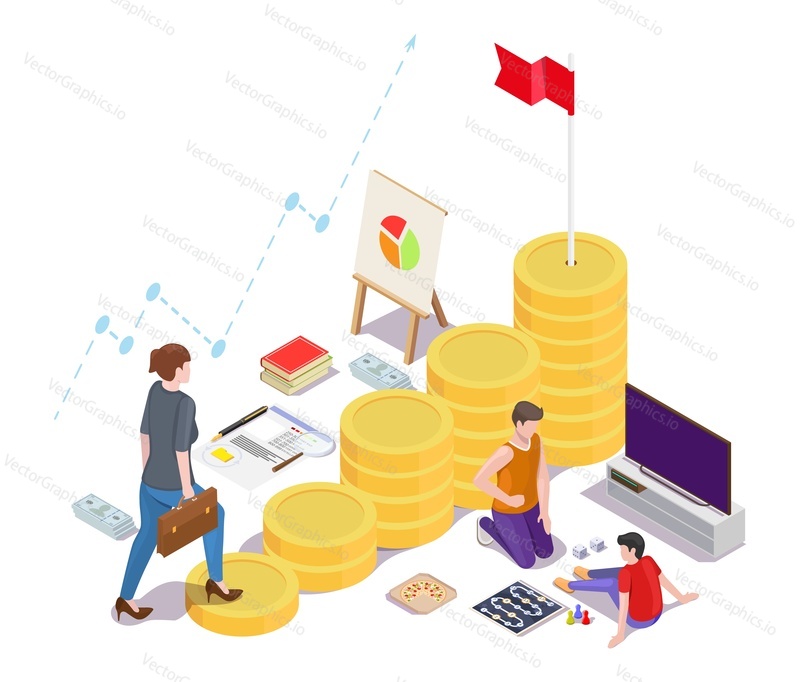 Business woman climbing up dollar coin staircase with flag on the top, flat vector isometric illustration. Financial success, career ladder.