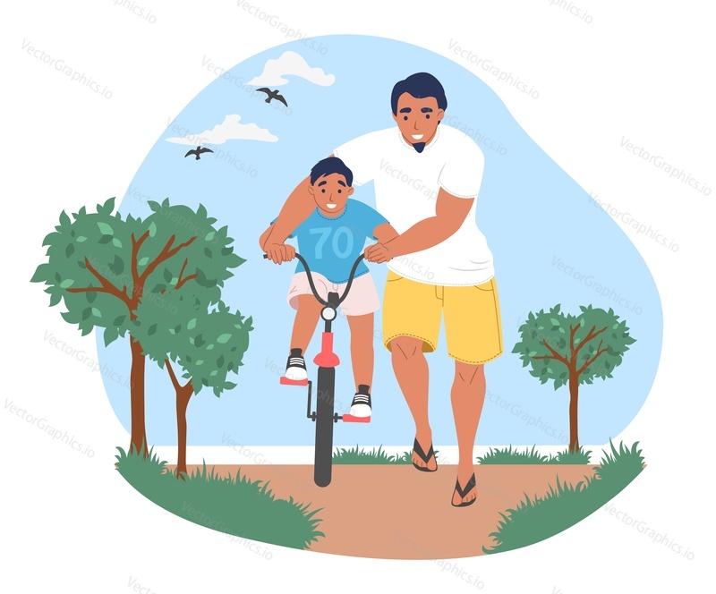 Happy father teaching his son to ride bicycle in the park, flat vector illustration. Dad and kid spending time together. Parent child relationship, happy fatherhood and parenting. Father day activity