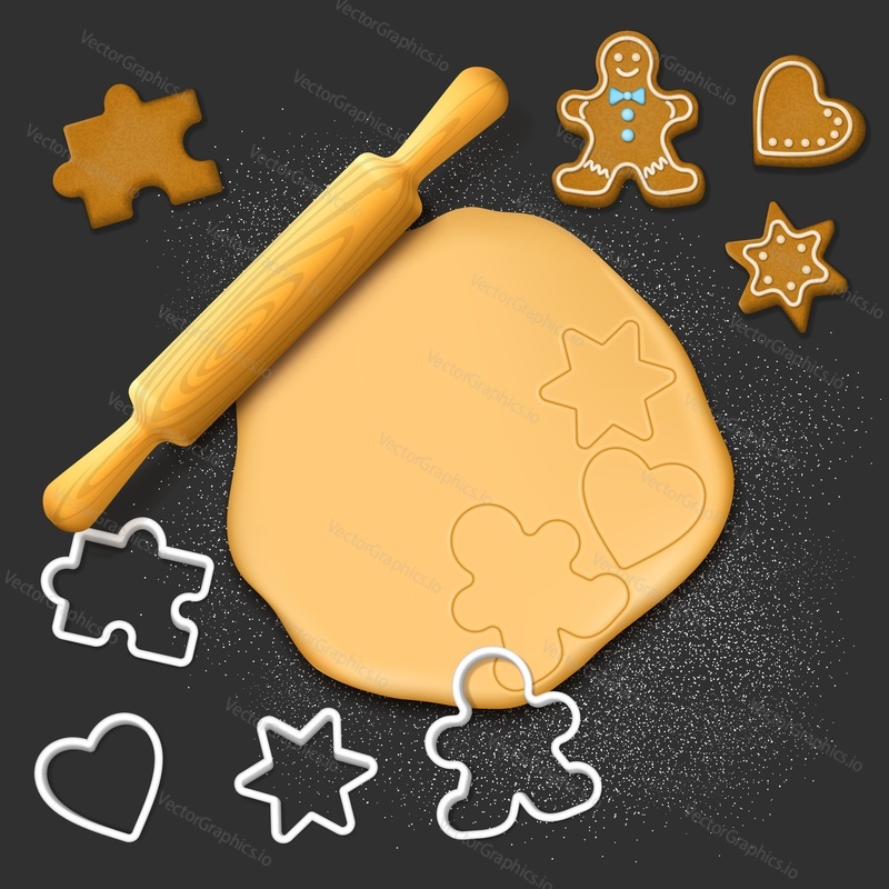 Dough, wooden rolling pin and cookie cutters, vector illustration. Realistic gingerbread men, star, heart cookies. Christmas holiday sweet pastry.