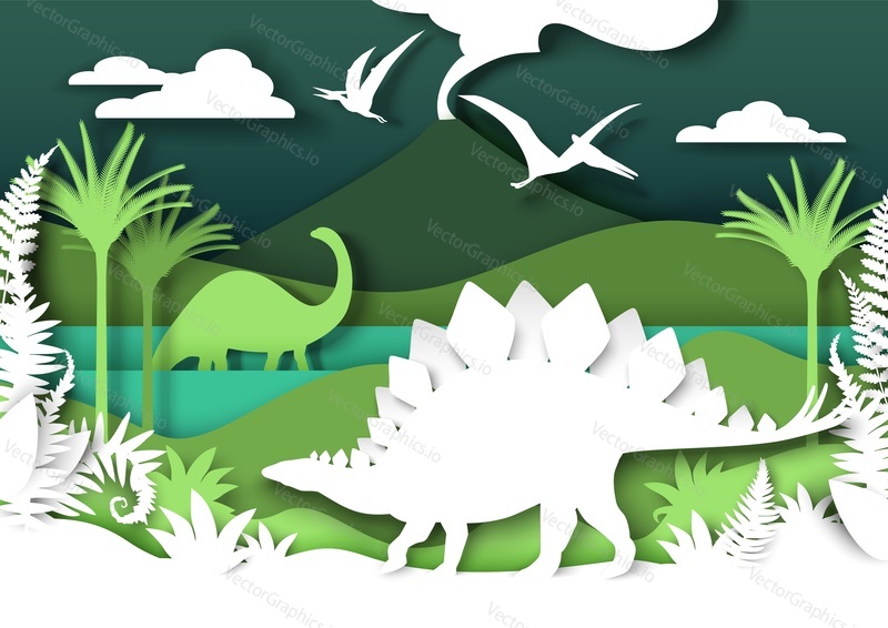 Paper cut dino silhouettes and nature landscape. Stegosaurus, brontosaurus dinosaur, pteranodon flying reptile, vector illustration. Kids education. Archeology, history.