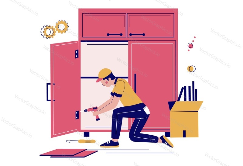 Carpenter, furniture installer or collector assembling wardrobe, closet using hand drill tool and screwdriver, flat vector illustration. Furniture assembly service.