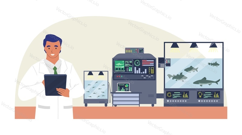 Smart fish farm, flat vector illustration. Automated growing of fish. Internet of things, wireless remote control system, modern smart farming technology in agriculture.
