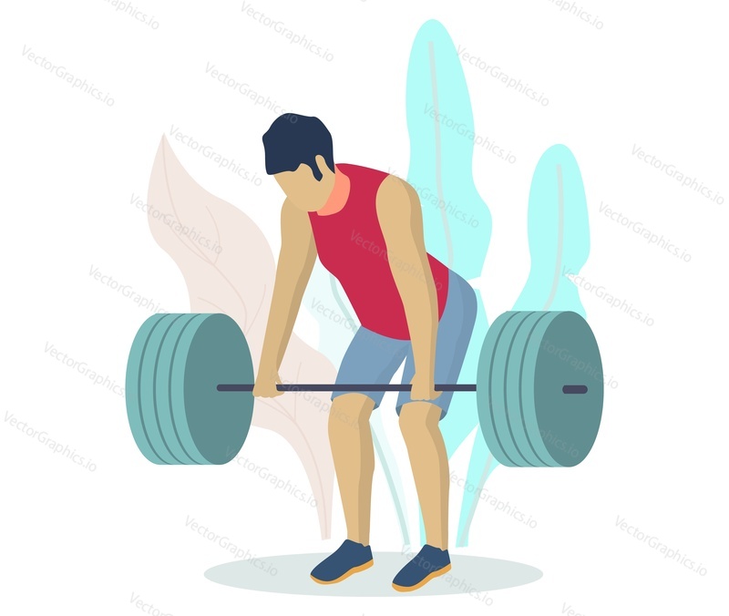 Athlete, sportsman, bodybuilder lifting barbell, flat vector illustration. Fitness gym bodybuilding workout. Weightlifting, powerlifting sports.