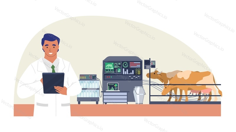 Smart cattle farm, flat vector illustration. Automated dairy farm. Automatic cow milking machine. Internet of things, wireless remote quality control, modern smart farming technology in agriculture.