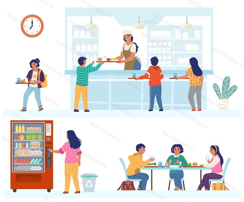School canteen scene set, flat vector isolated illustration. School children having lunch sitting at table, staying in line, carrying tray with meal, buying snacks from food vending machine.