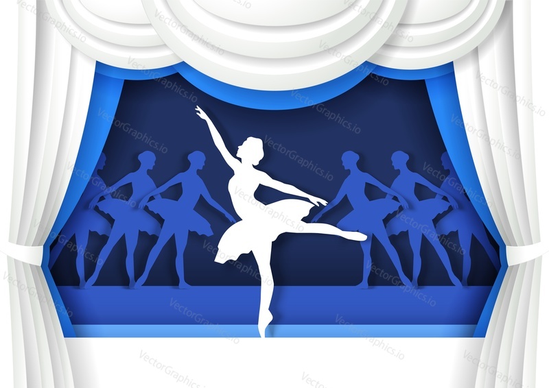 Beautiful ballerina dancing on stage. Vector illustration in paper art craft style. Classic ballet dancer silhouettes. Ballet performance.