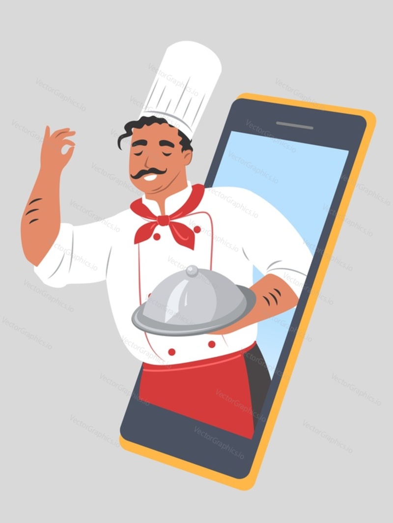 Restaurant chef with dish appeared from mobile phone, flat vector illustration. Online food order and delivery service. Fast home delivery.