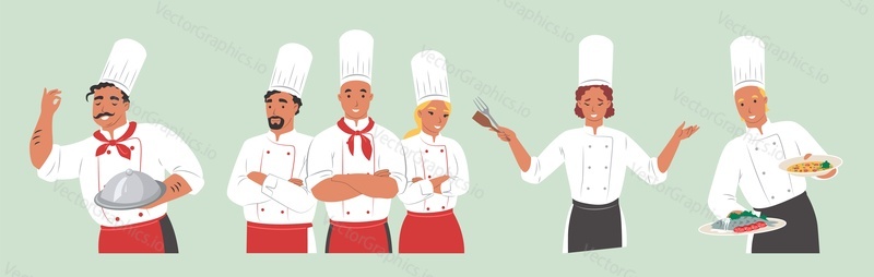 People in chef uniform showing different hand gestures, flat vector isolated illustration. Restaurant kitchen staff. Feelings and emotions, gesturing. Emotional communication.