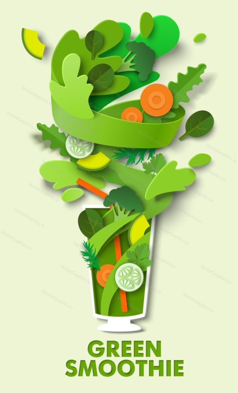 Glass of delicious vegetable smoothie, vector paper cut illustration. Healthy drink made of raw cucumber, broccoli and greens. Food rich in vitamins and minerals. Green smoothie poste banner template