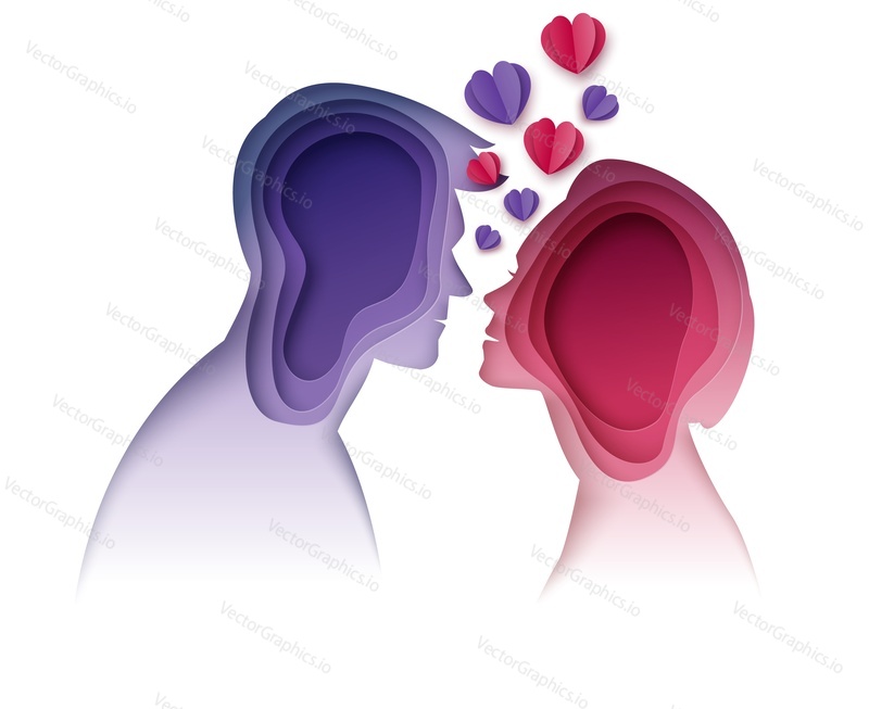 Man and woman silhouettes looking at each other, vector illustration in paper art style. Couple of lovers. Romantic relationship, love, passion.