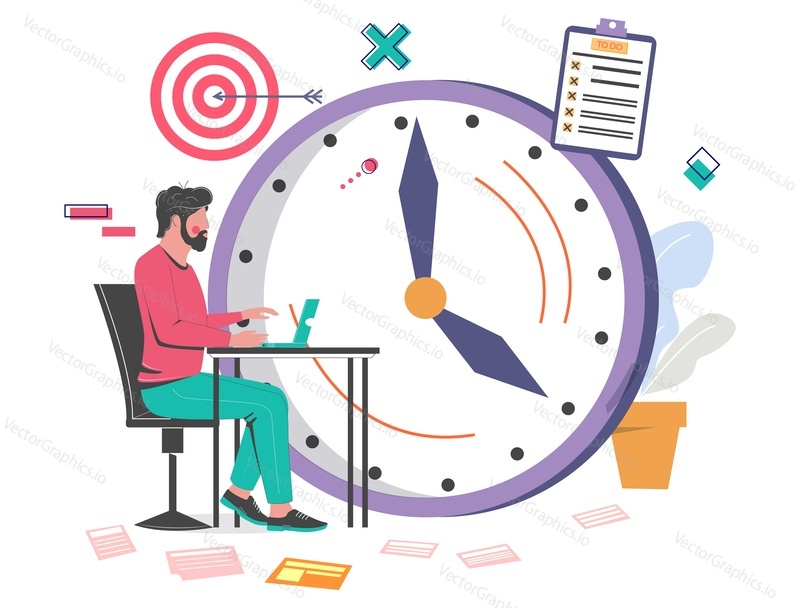 Office man working on laptop. Clock, target, checklist business symbols, flat vector illustration. Time management, schedule, task planning.