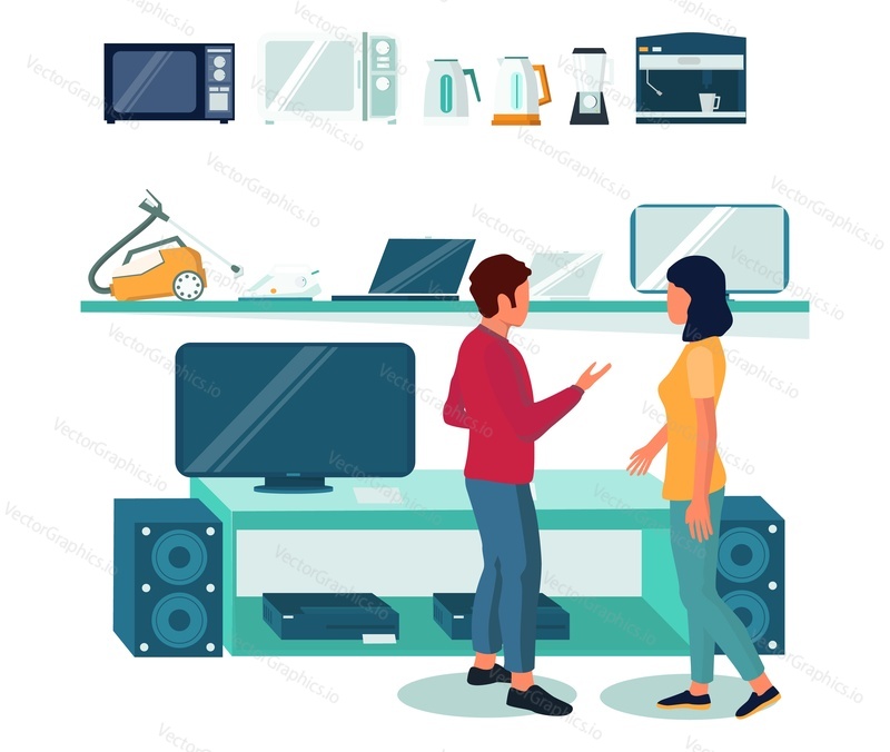 Electronics store, flat vector illustration. Home appliances, audio equipment, computers, smartphones on shelves, seller and buyer cartoon characters.