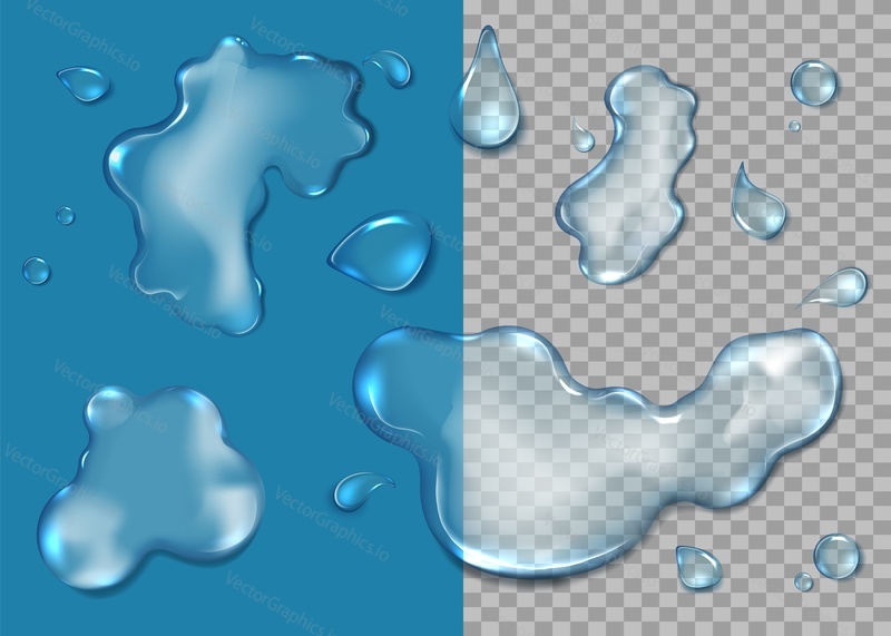 Water puddle set, vector isolated top view illustration. Realistic water splashes, rain droplets, liquid spills.
