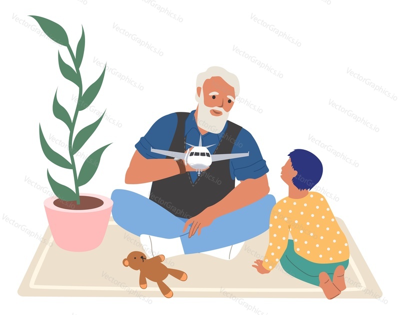 Happy grandfather and grandson playing toy game together, flat vector illustration. Grandpa with grandkid spending time together. Grandparent and grandchild relationships.