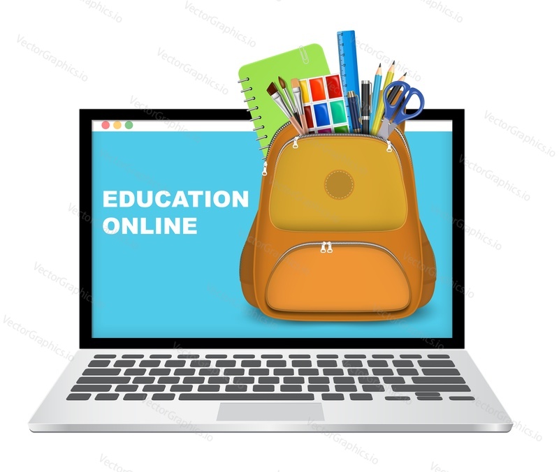 Laptop computer with backpack full of school supplies on screen, vector illustration. Online education, distance learning.