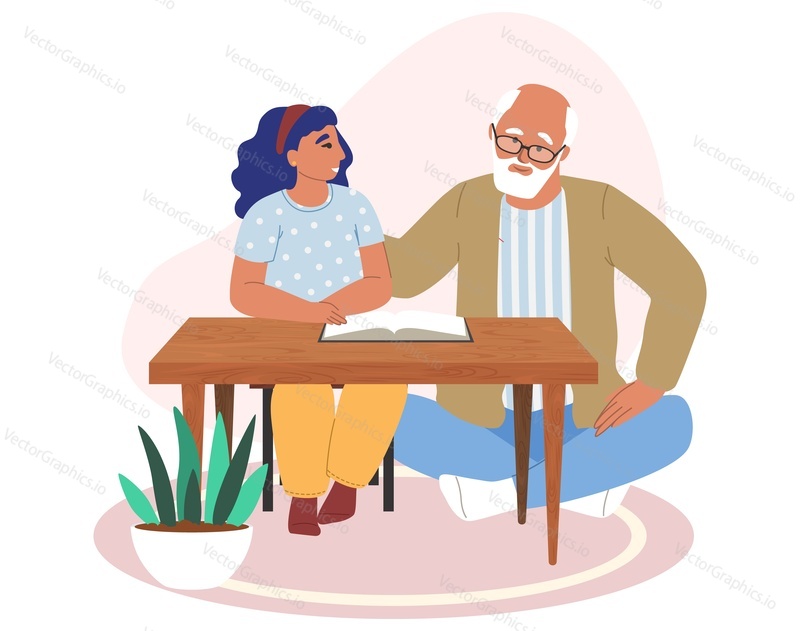Happy grandfather and granddaughter reading book together, flat vector illustration. Grandpa with grandkid spending time together. Grandparent and grandchild relationships.