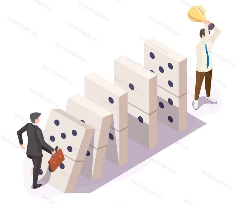 Businessman characters pushing domino tiles, holding trophy cup, flat vector isometric illustration. Office war, business competition, domino effect concept.