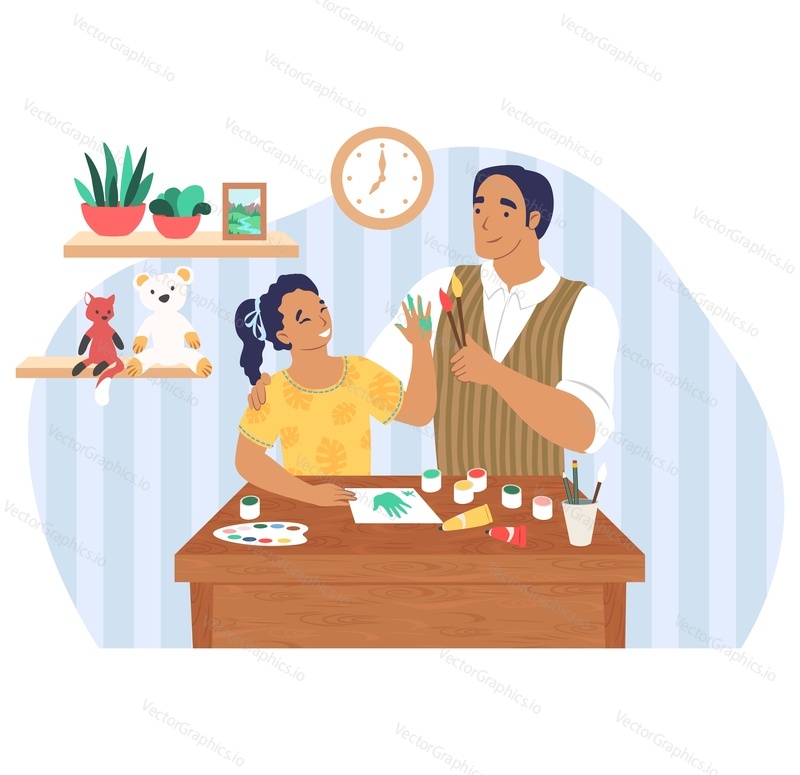Happy father and daughter enjoying painting at home, flat vector illustration. Dad and kid having fun spending time together. Parent child relationship, fatherhood and parenting. Father day activity.