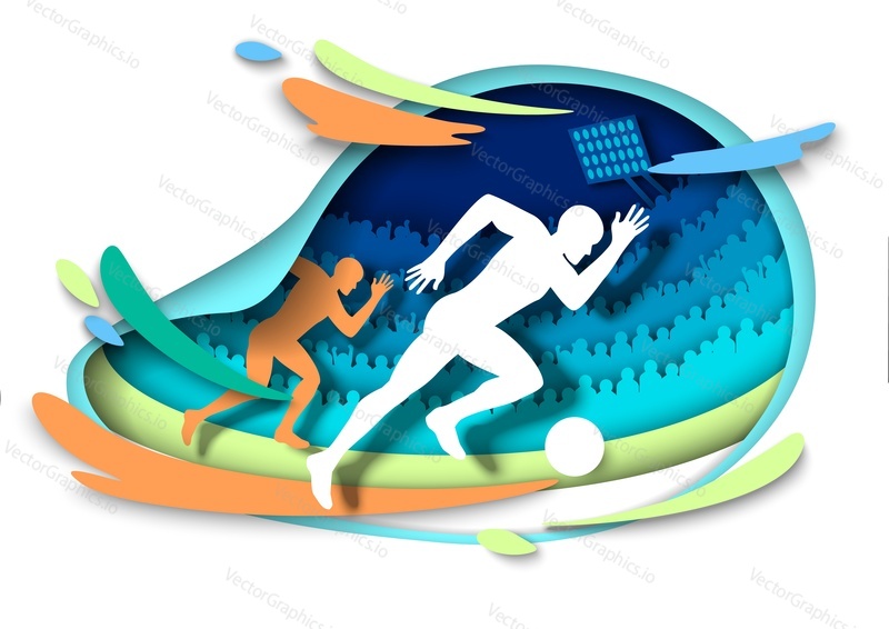 Football player silhouette kicking ball, vector illustration in paper art style. Soccer sport game championship logo.