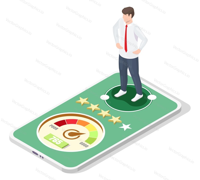 Businessman with good credit score report, information on mobile phone screen, flat vector isometric illustration. Personal credit rating online, good history.