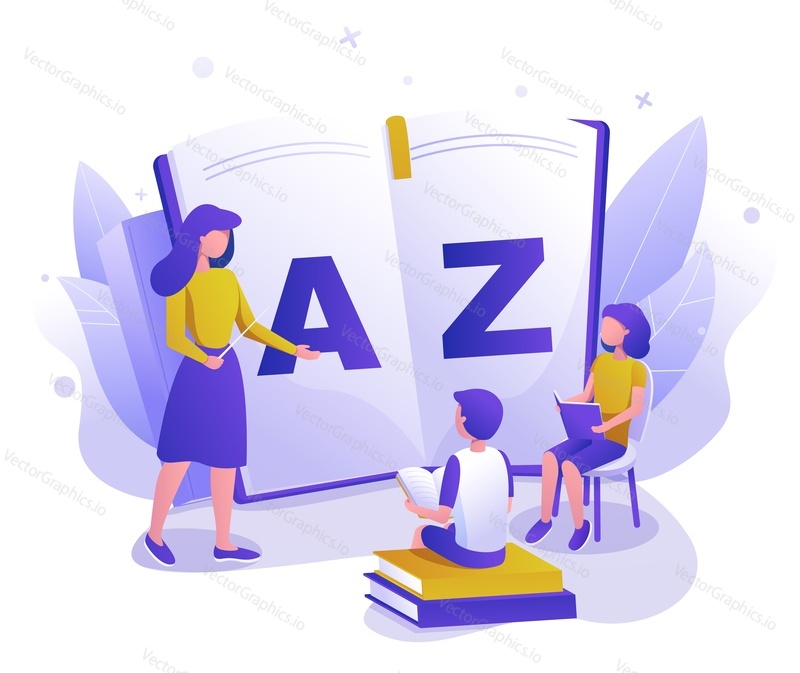 Kids studying languages with teacher, flat vector illustration. English languauge class, course. Kids school education.