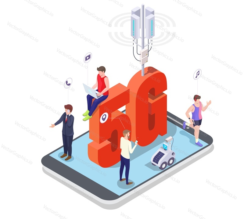 5g communication tower, people talking on mobile phone, watching video on laptop computer, jogging with smart watch on smartphone screen, flat vector isometric illustration. 5g network mobile systems.