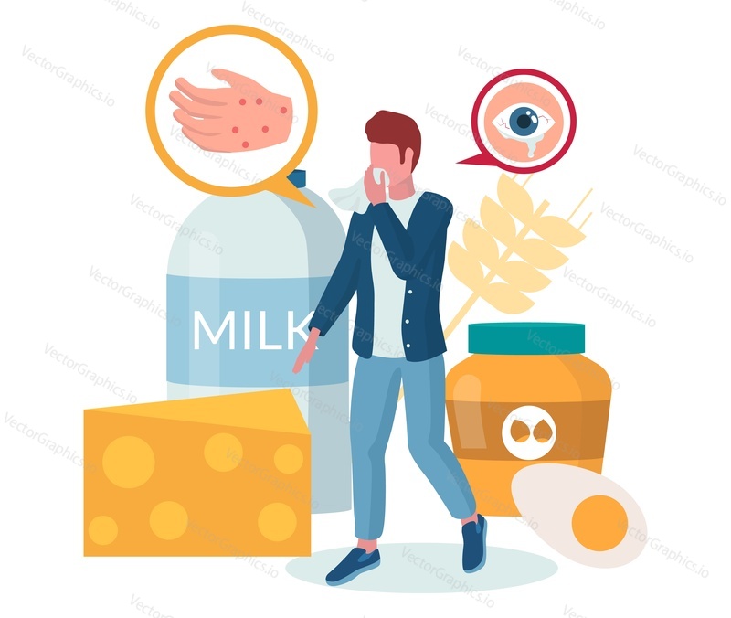 Food allergy. Man suffering from hives, itching red rash or eczema, watery eyes, vector illustration. Allergic reaction to milk, cheese, eggs, nuts. Lactose intolerance.