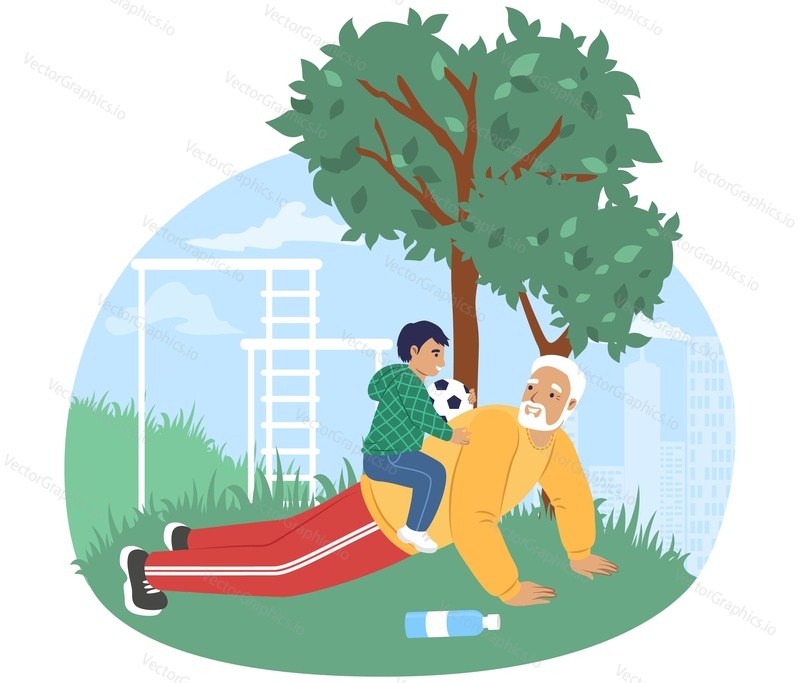 Happy grandfather training with grandson in the park, flat vector illustration. Grandpa and grandkid spending time together. Grandparent grandchild relationships. Family outdoor activity.