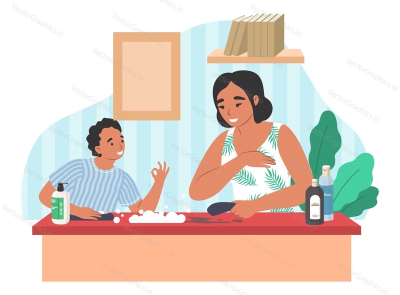 Happy mother cleaning house together with son, flat vector illustration. Mom and kid spending time together. Parent child relationship, happy motherhood and parenting. Household chores.