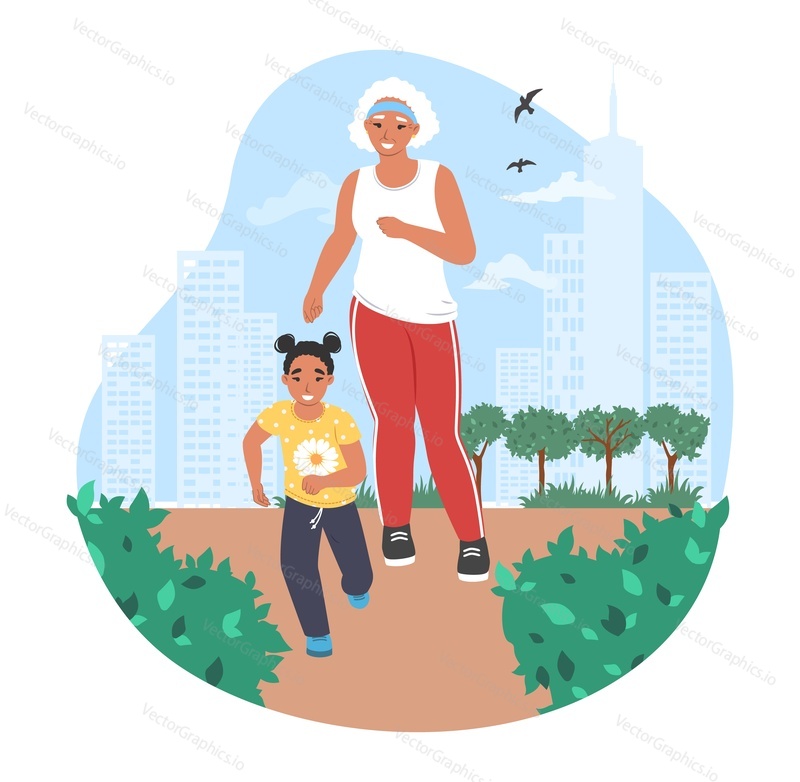 Happy grandmother jogging with granddaughter in the park, flat vector illustration. Grandma and grandkid spending time together. Grandparent grandchild relationships. Family outdoor activity.