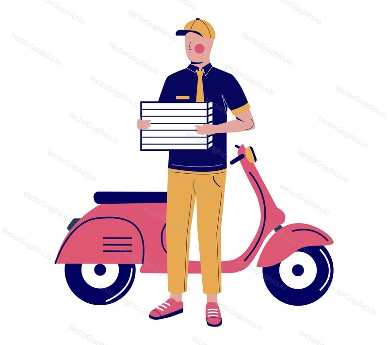Delivery man with pizza boxes standing in front of motor scooter, flat vector illustration. Pizza delivery concept.
